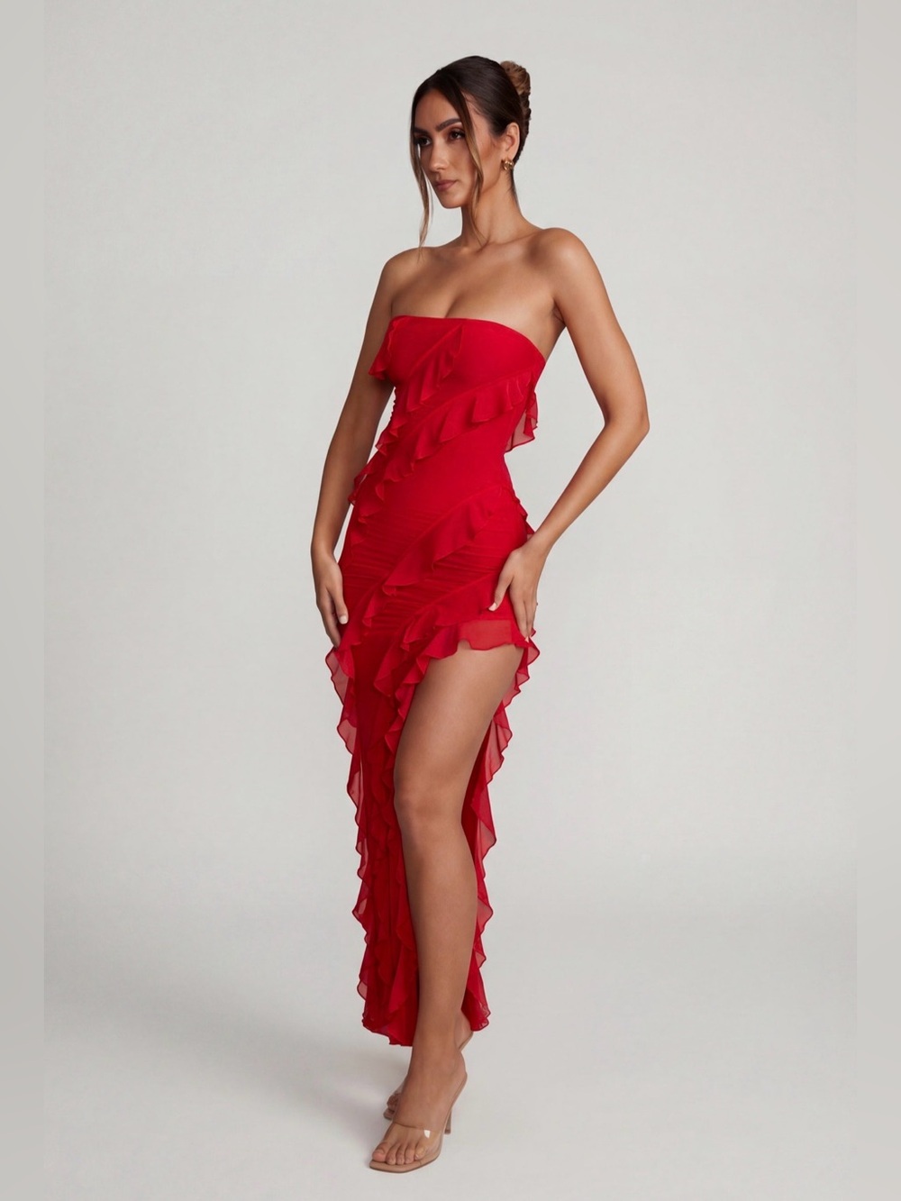 Oh Polly Nevali Bandeau Ruffle Detail Maxi Dress in Red